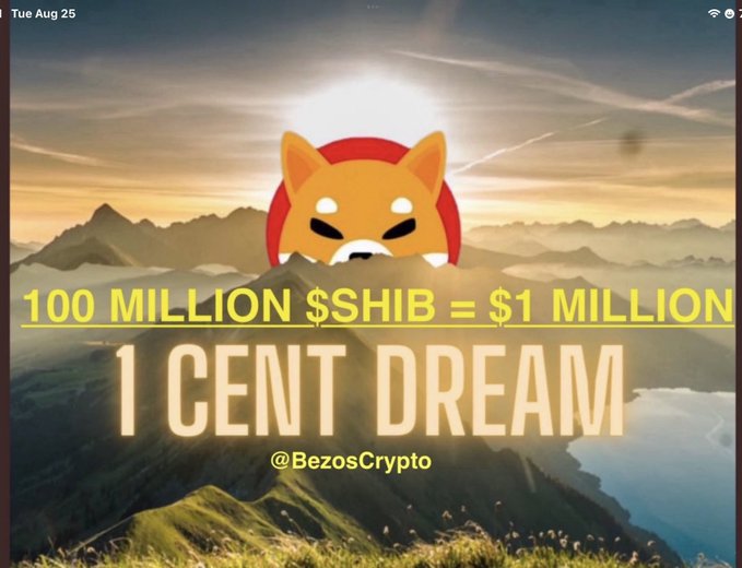 A Shiba Inu mascot rises above a mountain landscape with the text “100 MILLION $SHIB = $1 MILLION” and “1 CENT DREAM,” posted by “@BezosCrypto.” The image visualizes the accompanying post’s claim that $SHIB reaching 1¢ would turn 100 million tokens into $1 million, a “millionaire” and “11:11 manifest” goal.