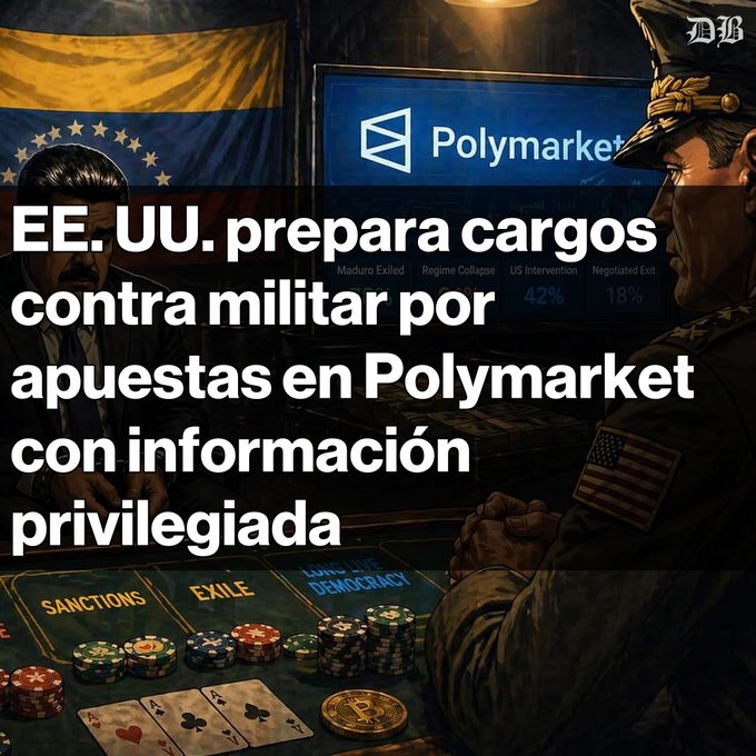 An illustrated image depicting two men at a gambling table with the Venezuelan flag, the Polymarket logo, and Spanish text reading 'EE. UU. prepara cargos contra militar por apuestas en Polymarket con información privilegiada.'