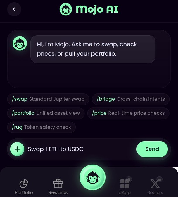 A chat interface for 'Mojo AI' featuring commands like /swap, /bridge, /portfolio, /price, and /rug, with a suggested action to 'Swap 1 ETH to USDC'.