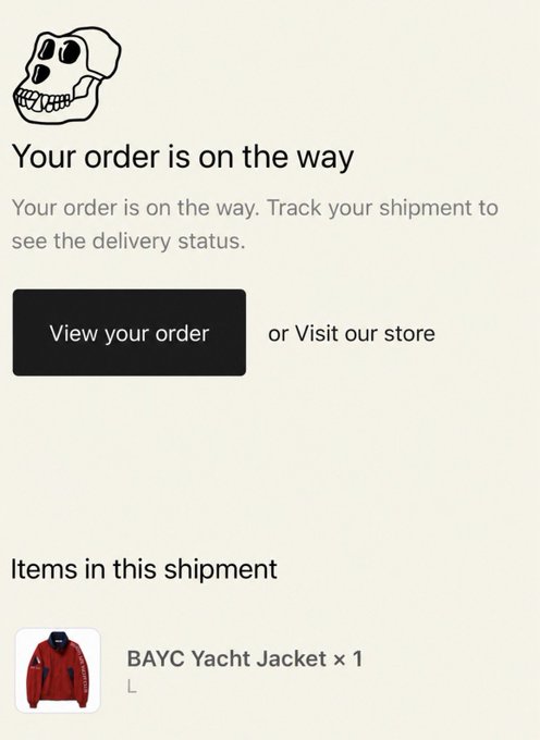 An order confirmation screen for a 'BAYC Yacht Jacket' with a 'View your order' button and an order status of 'on the way'.