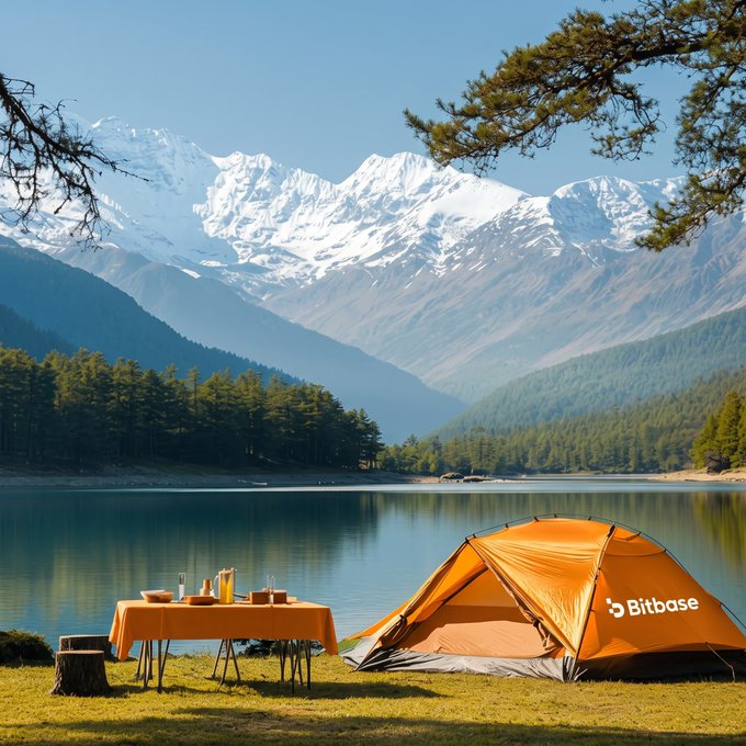 A scenic landscape shows a bright orange tent with the "Bitbase" logo pitched near a turquoise lake, with snow-capped mountains in the background and a picnic table in the foreground.