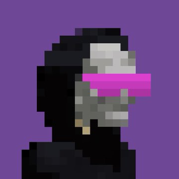 A pixel art image of a figure with a dark hood and a bright pink visor against a purple background.