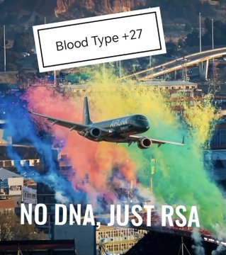 An airplane takes off above a cityscape, surrounded by a vibrant explosion of multicolored powder. The image includes the text "Blood Type +27" in a speech bubble at the top and "NO DNA, JUST RSA" in bold white letters at the bottom, echoing the post's message about prioritizing RSA over DNA.