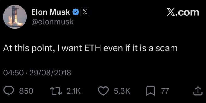 The image shows an electronic message posted by someone named @ElonMusk. The person has tweeted about etherium cryptocurrency. In the tweet itself, they made a statement about the price of etherium being $290. This information might be helpful for those interested in investing or buying Ethereum cryptocurrency.