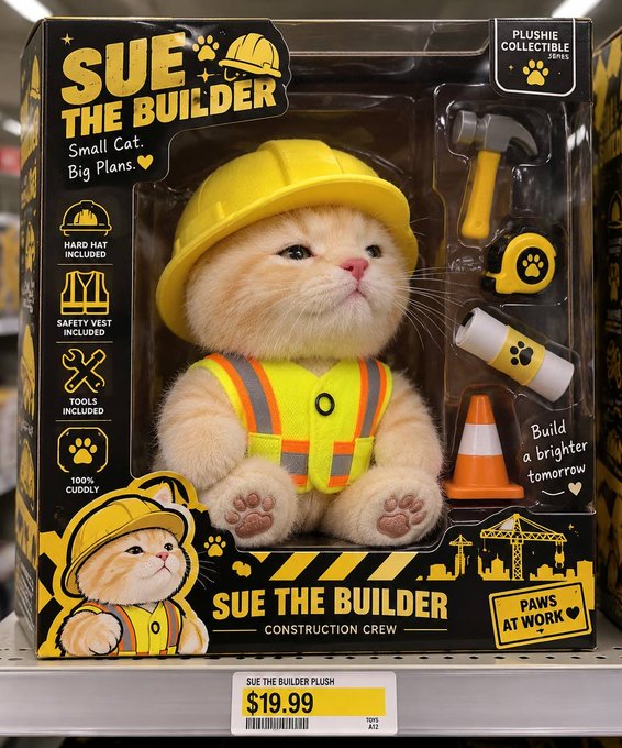 A boxed plush toy on a store shelf labeled 'SUE THE BUILDER' features a cat wearing a yellow hard hat and safety vest, packaged with a toy hammer, measuring tape, and traffic cone, priced at $19.99.