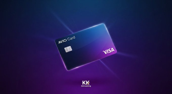 A promotional image of an AVICI Card (Visa) by Kk kkvinvesting, displayed on a dark blue/purple gradient background.