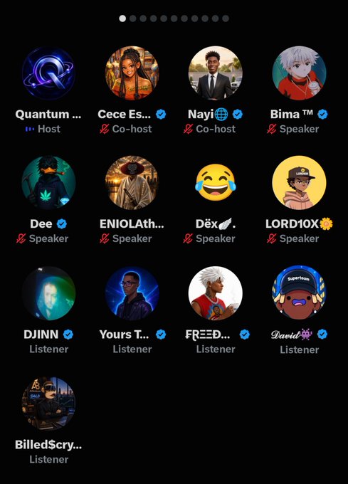 A dark-themed voice chat interface shows a grid of circular user avatars labeled by role, including 'Quantum...' as Host, 'Cece Es...' and 'Nayi' as Co-hosts, and 'Dee,' 'ENIOlAth...,' 'Dëx,' and 'LORD10X' as Speakers.