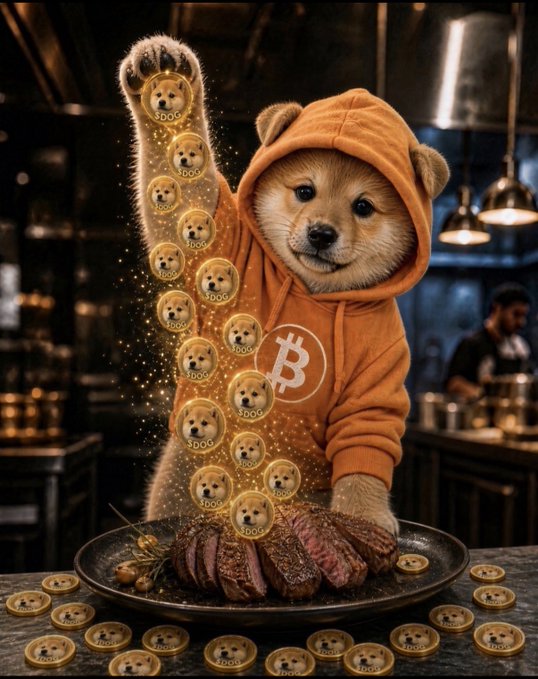 A digital illustration of a Shiba Inu dog wearing an orange Bitcoin hoodie standing over a plate of steak, with golden Doge coins cascading from its raised paw in a restaurant setting.