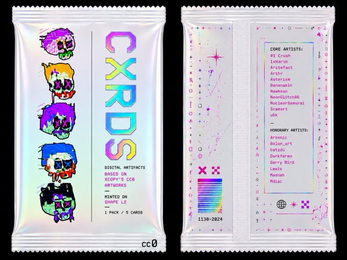 Packaging design for an 'XCOPY' digital artifacts trading card set minted on Shape L2, listing core and honorary artists including Crash, Iskrah, and Arctor.