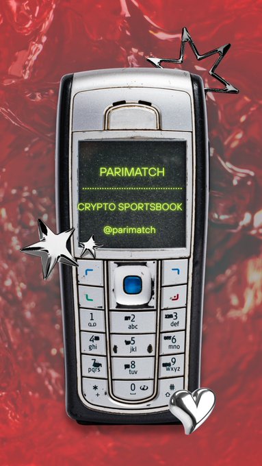 The retro Nokia-style mobile phone displays the text "PARIMATCH CRYPTO SPORTSBOOK @parimatch" against a red, melted texture background, stylized with chrome star and heart emojis. The retro tech aesthetic mirrors the post's announcement of expanded cryptocurrency deposit and withdrawal options, including SHIB, UNI, SAND, ZEC, AVAX, and PEPE, with their minimum deposit amounts listed.
