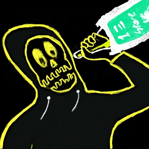 A hand-drawn illustration of a grim reaper figure drinking from a green bottle labeled "vodka" against a black background, accompanying the sale of "rektguy #7337" NFT for 0.179 WETH on OpenSea.