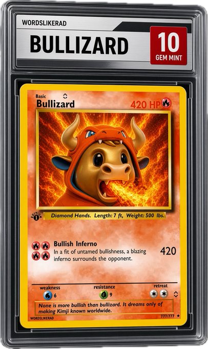 A customized Pokémon card titled 'BULLIZARD', rated 10 GEM MINT by WORDSLIKERAD, depicting a fiery Charizard wearing a bull hoodie with 420 HP and a 'Bullish Inferno' attack.