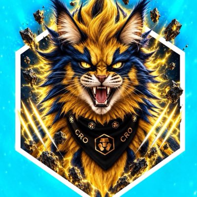 A fierce, stylized illustration of a snarling cat-like creature with glowing yellow eyes, wearing a black bandana marked 'CRO', set against a vibrant cyan background.