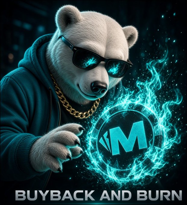 A stylized bear wearing sunglasses and a gold chain holds a glowing blue token with an 'M' logo, captioned 'BUYBACK AND BURN'.