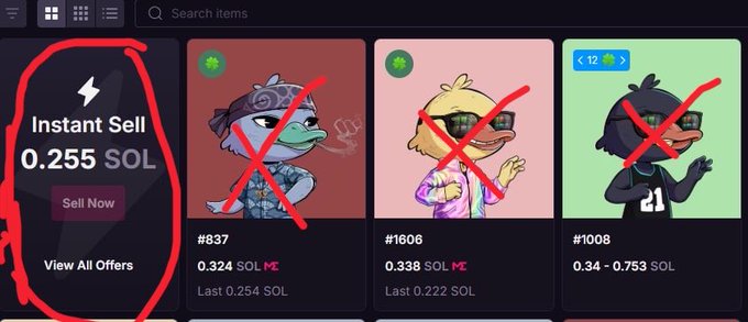 A screenshot of a digital marketplace interface showing an 'Instant Sell' offer for 0.255 SOL circled in red on the left, while three NFT listings (#837, #1606, #1008) on the right are crossed out with red X marks.
