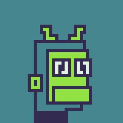 A pixel art style illustration of a green robot or character with antennae and a single visible eye on a teal background.