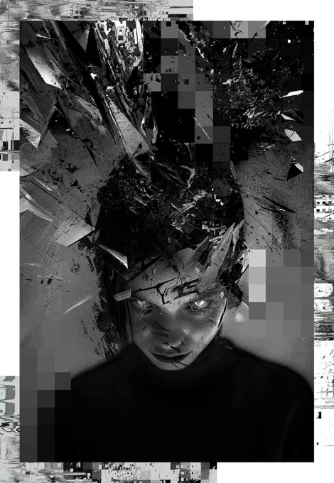 A dark, monochromatic digital artwork showing a cracked, doll-like face looking directly forward, set against a chaotic background of shattered pixels, debris, and urban imagery.