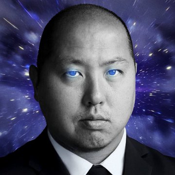 A portrait of an Asian man with glowing blue eyes against a dynamic, swirling purple and blue cosmic background with light streaks.
