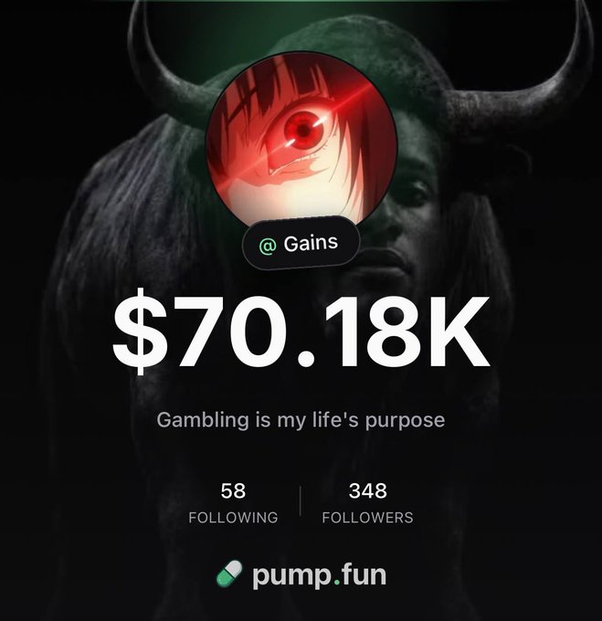 A dark profile screen with anime artwork in the background, displaying the handle '@Gains', '$70.18K', the tagline 'Gambling is my life's purpose', and a pump.fun logo.