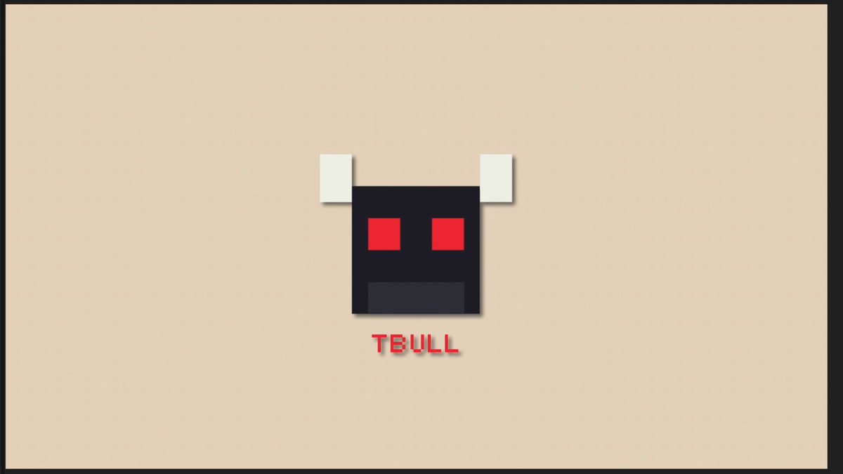 A pixel art illustration on a beige background shows a black square with white horn-like protrusions and red square eyes, labeled 'TBULL' in red text below.