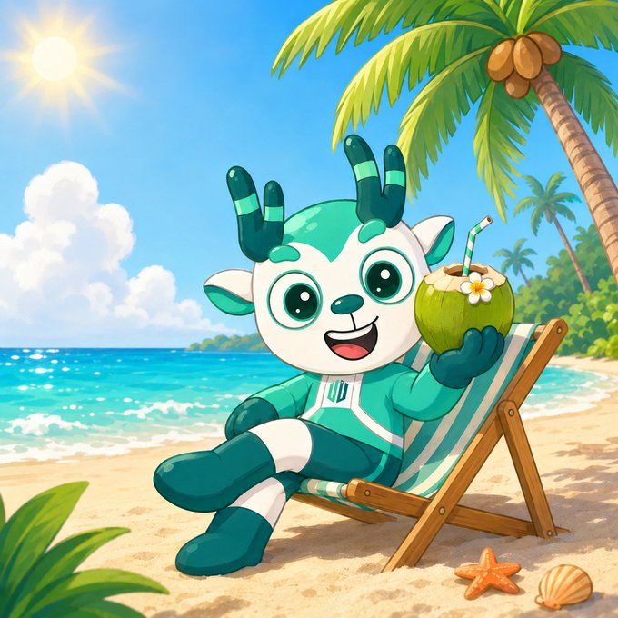 A cheerful teal and white mascot with antler-like ears relaxes on a striped beach chair, sipping a fresh coconut under a sunny palm-lined shore—perfectly capturing the laid-back vibes of "GSummer."