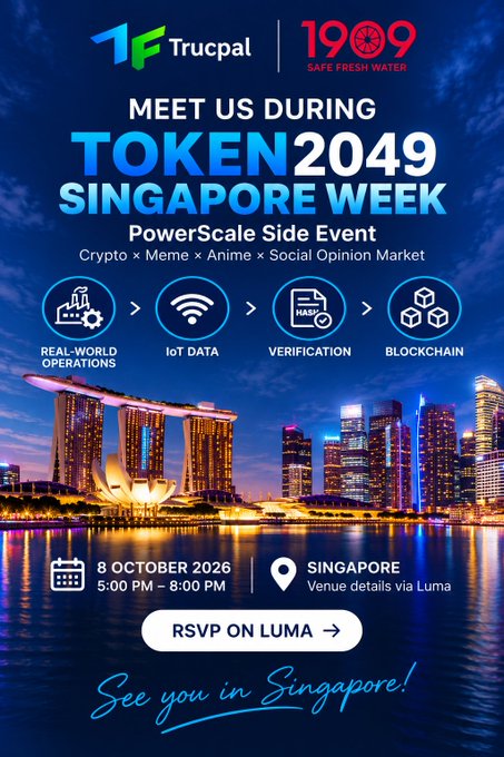 An event flyer for TOKEN2049 Singapore Week, a PowerScale Side Event hosted by Trucpal and 1909 Safe Fresh Water, scheduled for 8 October 2026.