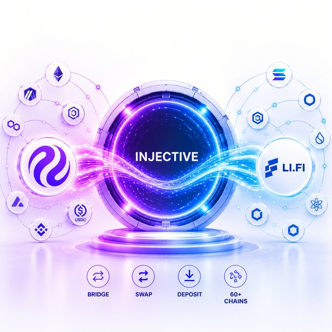 A promotional graphic for the Injective blockchain featuring a glowing central portal flanked by network nodes, with the LI.FI logo on the right and icons at the bottom labeled BRIDGE, SWAP, DEPOSIT, and 60+ CHAINS.