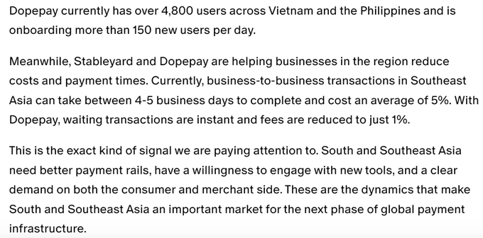 An excerpt of text discussing Dopepay and Stableyard, noting that Dopepay has over 4,800 users across Vietnam and the Philippines, onboarding more than 150 new users daily, and reducing B2B transaction fees to 1% with instant processing.