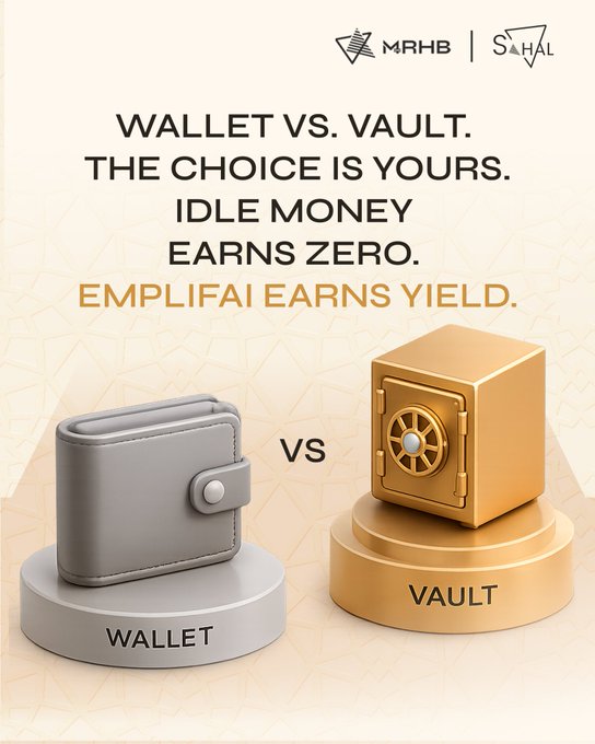 The image features two 3D models of a wallet and a vault, both sitting idle on their respective platforms. The wallet model is gray with a zipper closure, while the vault model is gold with a keyhole. The text above the wallets reads "Wallet vs Vault", indicating that the wallet is competing against the vault in terms of usability or value. The image also includes a caption below it stating that Emplifai isn't competing with another vault. Instead, it's competing with USDC (United States Department of Commerce) that never gets used and sits idle in wallets. This implies that people are not using the wallet service provided by Emplifai, which is why they're referred to as a "free" service. The image also includes a link to the website Sahal Wallet for further exploration.