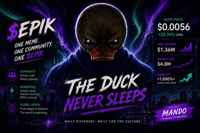 A promotional graphic for the $SEPIK meme coin featuring a hooded duck character with the tagline 'THE DUCK NEVER SLEEPS,' showing a price of $0.0056 (+28.74% in 24H), 24H volume of $1.36M, market cap of $4.8M, and created by Mando, founder of Kekgiuy.