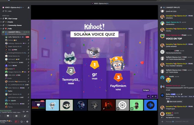 The image features a screenshot of a kahoot! voice quiz game session with three characters from different teams competing for first place. The host has just finished announcing that "tempo 1" has won the contest, and they have received a gold badge as their reward. There are several other participants in the chat box who seem to be engaged and enjoying the game or waiting for their turn to play next.