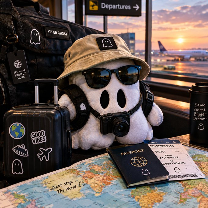 A plush ghost wearing a bucket hat and sunglasses sits at an airport gate ready for travel, surrounded by a backpack labeled "CIFER GHOST," a suitcase with "GOOD VIBES" and globe stickers, a "PASSPORT," and a "BOARDING PASS" reading "GHOST - FROM ANYWHERE TO EVERYWHERE." A travel mug says "Same Ghost Bigger Dreams," and a map on the table reads "Next stop... The World," perfectly capturing the post's playful theme of the ghost jetting off on a global adventure.
