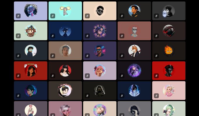 A grid of twenty-five rectangular panels, each containing a different circular profile picture of various anime-style and realistic characters on a dark background.