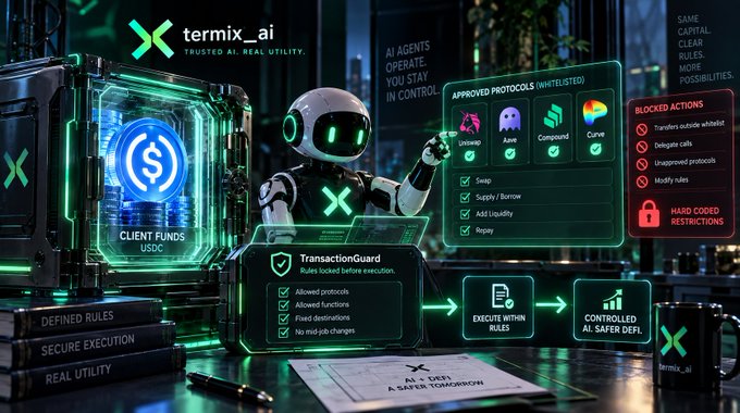 A futuristic robotic assistant oversees Termix.ai's TransactionGuard dashboard, locking client funds (USDC) behind immutable execution rules while approving protocols like Uniswap, Aave, and Curve—visually reinforcing the post's message that AI agents must operate within pre-defined, unchangeable boundaries for safe DeFi transactions.
