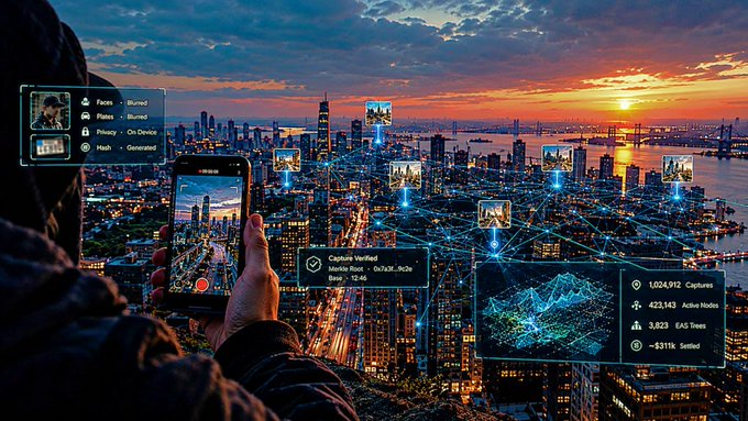 A hooded figure holds up a smartphone displaying a city view, while holographic data panels overlay a sprawling cityscape at sunset, showing information like "Faces: Blurred," "Plates: Blurred," "Privacy: On-Device," and "Capture Verified."
