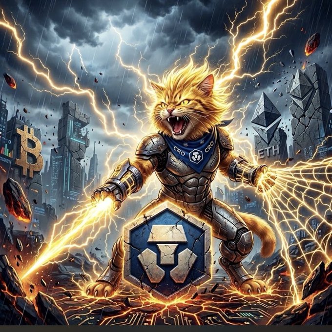 A digital artwork depicts an armored, roaring cat wielding golden lightning bolts, standing before a "Crypto.com" shield, with Bitcoin and Ethereum logos on ruined buildings in the background.