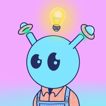 A colorful cartoon illustration of a blue alien-like character with antennae, wearing overalls, with a glowing yellow light bulb floating above its head against a pink and blue gradient background.