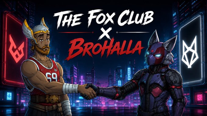 Gaming promotional artwork showing a Viking-style character shaking hands with a futuristic fox-masked character, with the text 'The Fox Club x Brolla' between them.