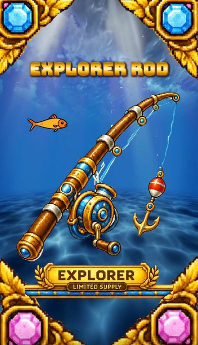 A mobile game or app graphic displays an 'EXPLORER ROD' fishing rod with an attached reel and a lure, set against an underwater background. The word 'EXPLORER' is on a banner with 'LIMITED SUPPLY' underneath.