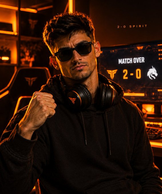 A man wearing sunglasses and a black hoodie with gaming headphones around his neck poses in an orange-lit gaming setup; text reads '2-0 SPIRIT' and 'MATCH OVER 2-0'.