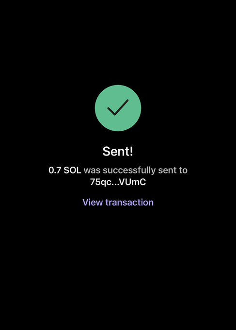 A mobile screen displays a successful transaction confirmation with a green checkmark, showing that 0.7 SOL was sent to the wallet address starting with "75qc...VUmC," along with a "View transaction" link. The image supports the "First winner paid" post by providing proof of a completed crypto payout to a recipient.