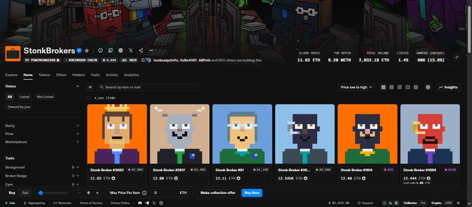 A screenshot of the StonkBrokers NFT marketplace showing pixel-art character avatars for sale, including 'Stonk Broker #2852' and 'Stonk Broker #2857', with floor prices displayed in ETH.