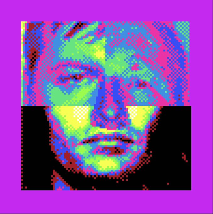 A highly stylized, colorful pixelated portrait of a man's face using neon shades of pink, blue, green, and yellow against a purple background.