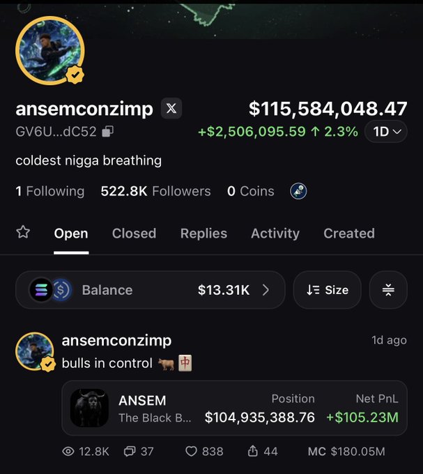 Trading profile screenshot for user 'ansemconzimp' showing a portfolio value of $115,584,048.47 (+2.3%, +$2,506,095.59) with 522.8K followers, displaying an open position on 'ANSEM - The Black B...' with a position of $104,935,388.76 and Net PnL of +$105.23M.