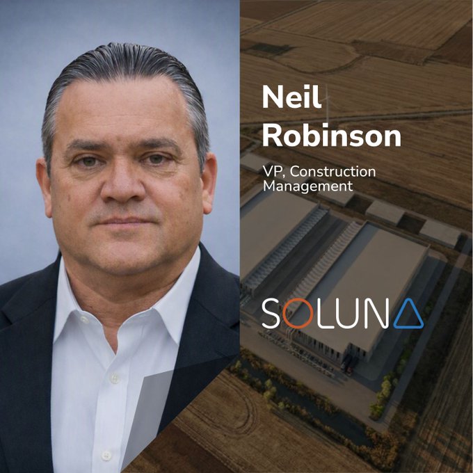 Neil Robinson has joined Soluna Holdings (SLNH) as VP of Construction Management, as announced in a company post highlighting the expansion of their team for the next stage of growth. The image features his professional headshot alongside an aerial view of what appears to be a large industrial or data center facility, reflecting his role in overseeing construction projects for the company.