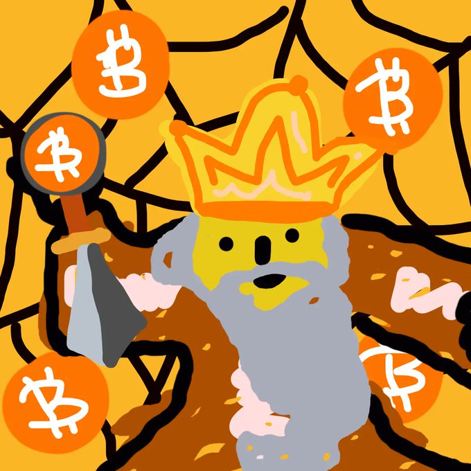A digital illustration depicts a koala-like figure wearing a golden crown and holding a staff, surrounded by floating orange Bitcoin symbols against an orange web-like background.