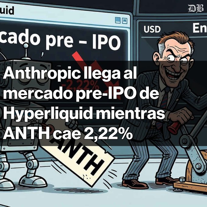 A cartoon illustration of a sinister businessman with a robot, with Spanish text overlay about 'Anthropic llega al mercado pre-IPO de Hyperliquid mientras ANTH cae 2,22%'.