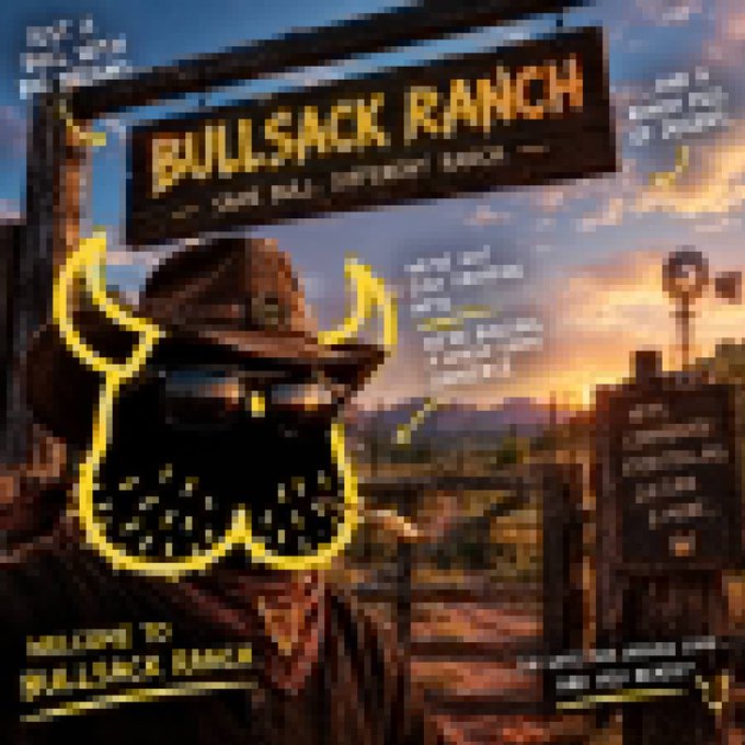 A pixel-art style promotional graphic for "Bullsack Ranch" featuring a dark, horned cowboy-like character wearing a cowboy hat and a bandana with yellow trim, set against a desert sunset backdrop with a windmill. The image includes the "BULLSACK RANCH" banner and a "Welcome to Bullsack Ranch" greeting, visually embodying the character-driven universe and Western-themed storytelling the post describes.
