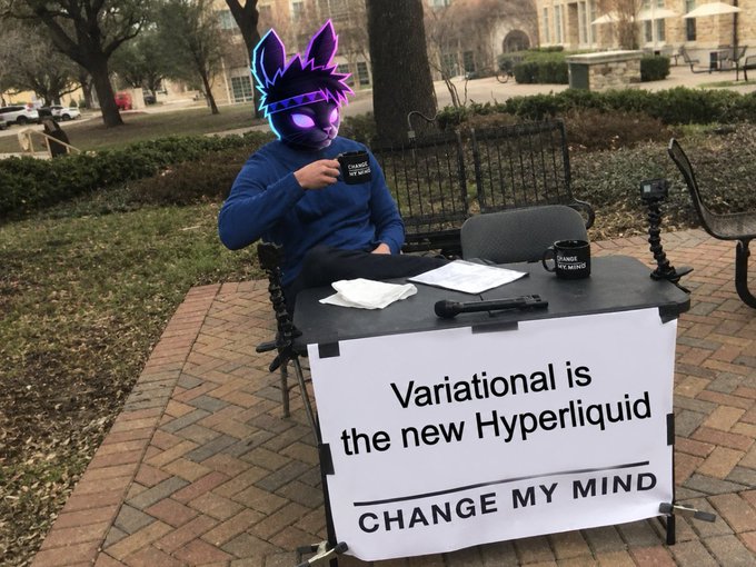 A person wearing a neon purple/black donkey/burro mask sitting at a desk outdoors holding a mug that says 'CHANGE MY MIND,' with a sign reading 'Variational is the new Hyperliquid — CHANGE MY MIND.'