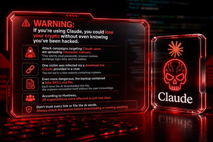 Red-themed cybersecurity warning graphic about Claude, stating 'WARNING: If you're using Claude, you could lose your crypto without even knowing you've been hacked,' detailing malware attack campaigns, with a skull icon on the right.